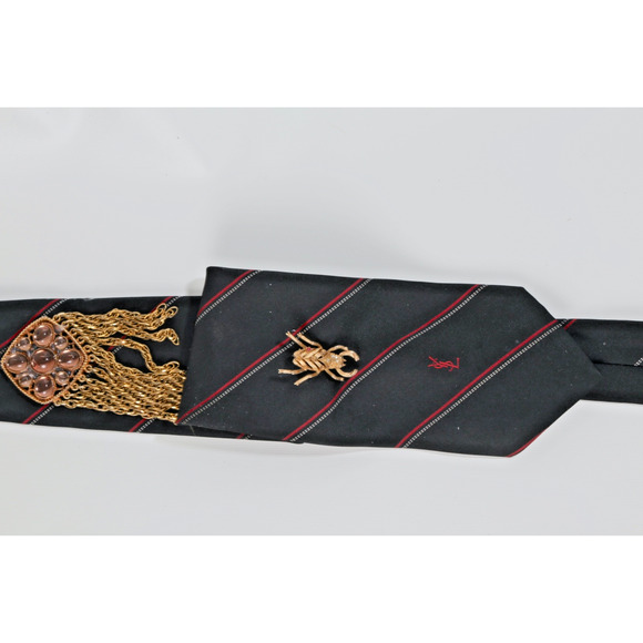 Vintage YSL Yves Saint Laurent Red Striped Silk Tie w/ Gold Brooch Motif - Picture 5 of 10